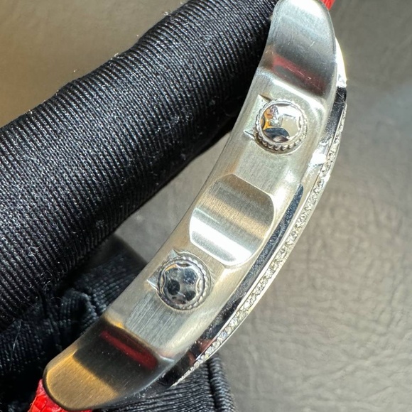 philip stein signature watch MOP dial diamond bezel red wicker strap main image 15
